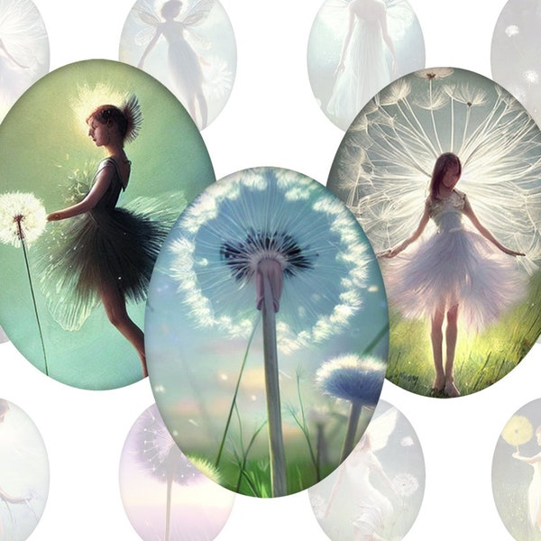 Digital collage sheet - dandelions in a fairy garden - printable oval images in all common sizes, for glass cabochons or as stickers