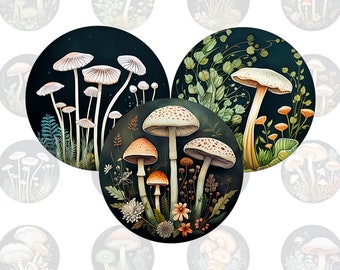 Digital collage sheet - Fairytale mushroom Forest - printable round cirle images in all common sizes, for glass cabochons or as stickers
