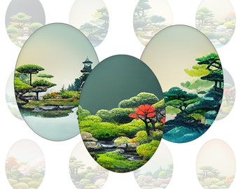 Digital collage sheet - Japanese Garden - printable oval images in all common sizes, for glass cabochons or as stickers