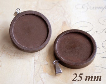 2 round brown 25 mm cabochon sockets made of wood for gluing motif cabochons and cameo or for the production of natural jewelry