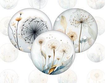 Digital collage sheet - floral dandelion seeds - printable round cirle images in all common sizes, for glass cabochons or as stickers