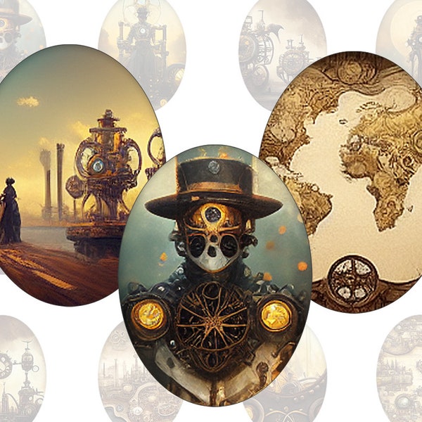 Digital collage sheet - Vintage Steampunk - printable oval images in all common sizes, for glass cabochons or as stickers