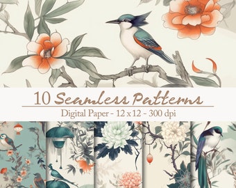 10 Florale, Elegante Japanische Nahtlose Muster - Chinoiserie orientales Digitales Papier-Set für DIY-Projekte und Hochzeitseinladungen