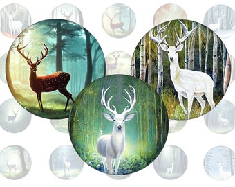 Digital collage sheet - Deer in a Forest - printable round round images common sizes, for glass cabochons or stickers