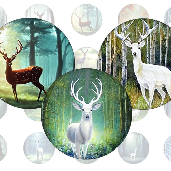 Digital collage sheet - Deer in a Forest - printable round round images common sizes, for glass cabochons or stickers