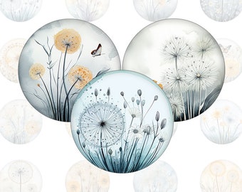 Digital collage sheet - floral dandelion seeds - printable round cirle images in all common sizes, for glass cabochons or as stickers