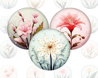 Elegante Blumen  - 20 runde Bilder, Glasmalerei florale Digitale Cabochon Vorlage für Bottlecaps und Cabochons in allen gängigen Größen,