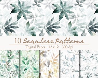 10 green Floral Digital Paper seamless patterns, leaves vines clipart, watercolor greenery, botanical natural aesthetic wedding invitation