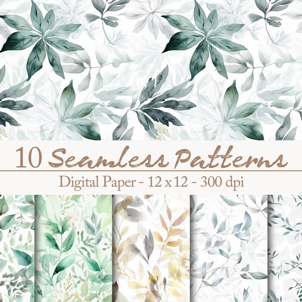 10 motifs botaniques verts sans couture, feuilles vrilles fleurs aquarelle clipart, botanique d’été, esthétique naturelle pour les invitations de mariage