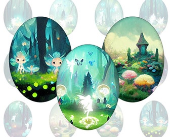 Digital collage sheet - enchanted fairy forest - printable oval images in all common sizes, for glass cabochons or as stickers