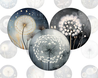 Digital collage sheet - floral dandelion seeds - printable round cirle images in all common sizes, for glass cabochons or as stickers