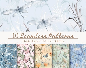 10 Schmetterlinge und Libellen Nahtlose Muster - Blumenwiese Sommer Blumen Papier-Set für DIY-Projekte Pilze Märchen Sommergarten Greenery