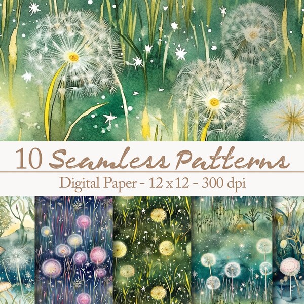 10 motifs floraux sans couture de prairie de pissenlits - aquarelle conte de fées prairie de fleurs fleurs d'été ensemble de papier jardin d'elfe verdure de jardin d'été