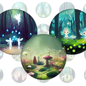 Digital collage sheet enchanted fae forest printable round cirle images in all common sizes, for glass cabochons or as stickers image 1