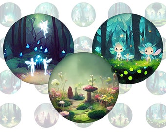 Digital collage sheet - enchanted fae forest - printable round cirle images in all common sizes, for glass cabochons or as stickers