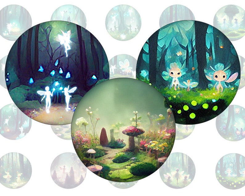 Digital collage sheet enchanted fae forest printable round cirle images in all common sizes, for glass cabochons or as stickers image 1