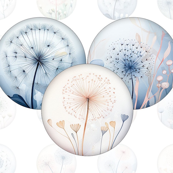 Digital collage sheet - floral dandelion seeds - printable round cirle images in all common sizes, for glass cabochons or as stickers