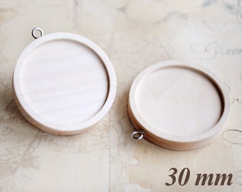 2 runde 30mm Cabochon Fassungen aus Holz zum Kleben von Motiv Cabochons und Kameen oder für die Herstellung von Naturschmuck