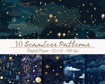 10 Sternenhimmel Glitter Muster - Sterne Nachthimmel Mitternacht Traum dunkelblau schwarz silber Digitales Papier-Set für DIY-Projekte