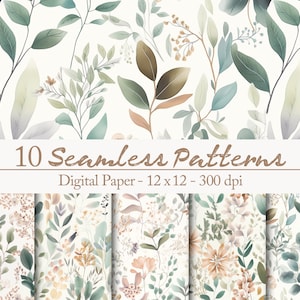 10 Floral Digital Paper seamless patterns, leaves vines flower clipart, watercolor greenery, botanical natural aesthetic wedding invitation