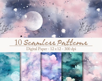 10 Pastel Sternenhimmel Fantasy Muster - Sterne Nachthimmel Kindergarten Traum dunkelblau silber Digitales Papier-Set für DIY-Projekte