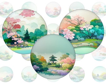 Digital collage sheet - Japanese Garden Pastel - printable round round images common sizes, for glass cabochons or stickers