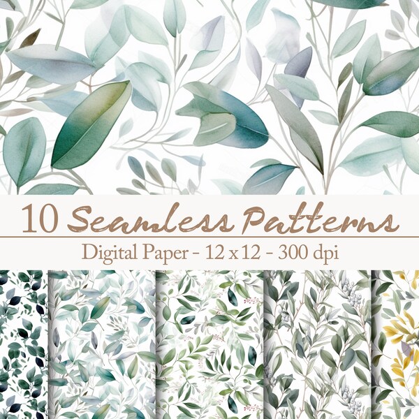 10 green eucalyptus and olive leaves Digital Paper seamless patterns, watercolor greenery, botanical natural aesthetic wedding invitation