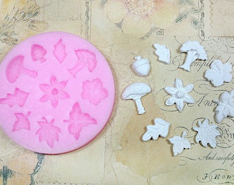 Silicone mold with leaf, flower and mushroom motives