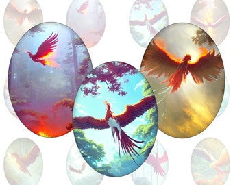 Digital collage sheet - Phoenix in a Forest - printable oval images in all common sizes, for glass cabochons or as stickers