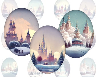 Digital collage sheet - Winter Christmas Wonderland Castle - printable oval images in all common sizes, for glass cabochons or as stickers