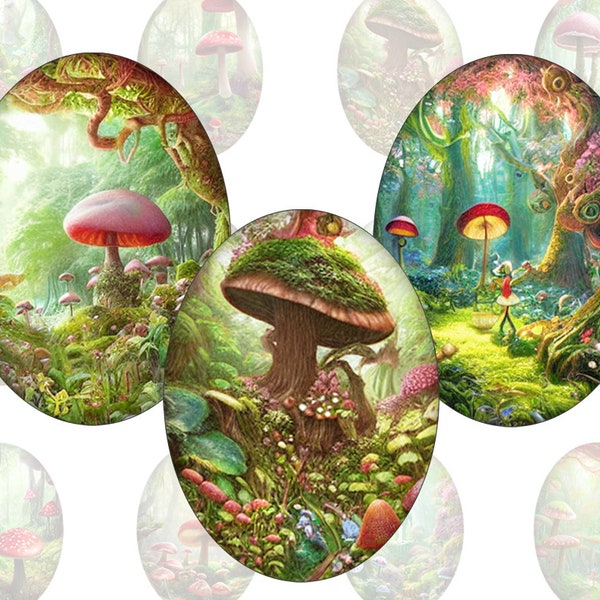 Digital collage sheet - Fairytale Forest - printable oval images in all common sizes, for glass cabochons or as stickers