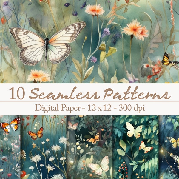 10 motifs floraux sans couture – Papillons, prairie de fleurs, fleurs d'été, ensemble de papier pour projets de bricolage, champignons, conte de fées, jardin d'été, verdure