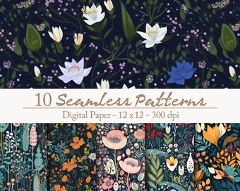 10 Florale abstrakte Blumen Nahtlose Muster - Jungel Tapete Digitales Papier-Set druckbares Scrapbook Papier silber rose gold metallic