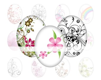 A4 Digitaler Collage-Bogen floral Muster oval . Motive bzw. Cabochonvorlagen für Bottlecaps und Cabochons