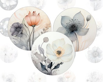 Elegant flowers - 20 round images, smoky gray pink floral digital cabochon template for bottlecaps and cabochons in all common sizes,