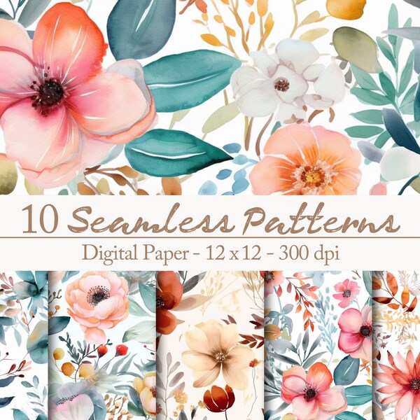 10 modèles sans couture de prairie de fleurs d’été florales - ensemble de papier numérique pour les projets de bricolage et les invitations de mariage