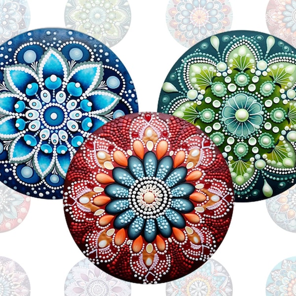 Dot painting mandala - 20 images rondes, modèle de cabochon numérique pour capsules et cabochons dans toutes les tailles courantes, bijoux cabochon