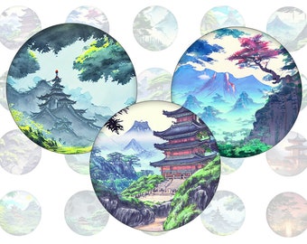 Digital collage sheet - Japanese Fantasy World - printable round round images common sizes, for glass cabochons or stickers