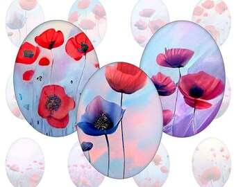 Digital collage sheet - poppy field - printable oval images in all common sizes, for glass cabochons or as stickers