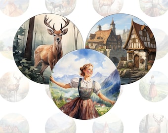 Digital collage sheet - bavarian country life - printable round round images common sizes, for glass cabochons or stickers