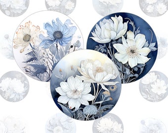 Elegante Blumen  - 20 runde Bilder, rauchgraue blau florale Digitale Cabochon Vorlage für Bottlecaps und Cabochons in allen gängigen Größen,
