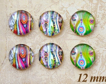 6 hochwertige 12 mm Glas Cabochons für runde Cabochonfassungen . zum Basteln von z.B. Hasketten oder Schlüsselanhänger oder Ringe