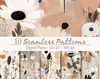 10 Boho Absctract Wildflowers Meadow Seamless Digital Papers - Elegant and Timeless Chic Floral Flowers seamless Pattern Paper Set