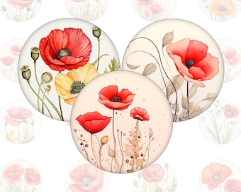 Mohn Blumenwiese - Cabochon Vorlagen für runde Bottlecaps und Cabochons in allen gängigen Größen