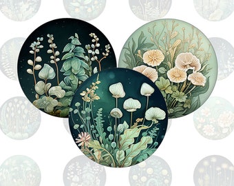 floral nature watercolor leaves - 20 round images, digital cabochon template for bottlecaps and cabochons in all common sizes,