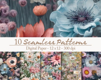 10 Wildblumen Gras Wiese Nahtlose Muster - Digitales Blumen Papier-Set für DIY-Projekte, Florale Blumen Muster Clipart Wildblumen Aquarell