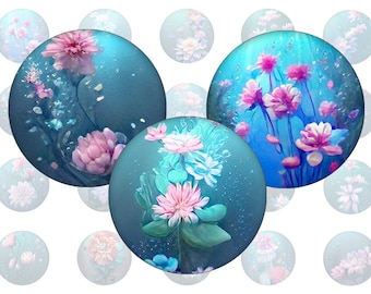 Digital collage sheet - Flowers in Underwater Garden - printable round cirle images in all common sizes, for glass cabochons or as stickers