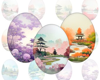 Digital collage sheet - Japanese Garden pastel color - printable oval images in all common sizes, for glass cabochons or as stickers