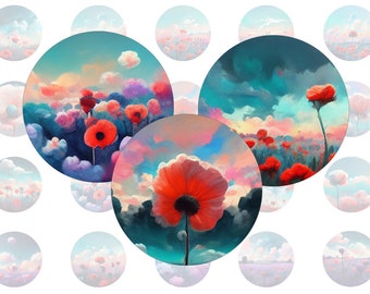 Digital collage sheet - poppy field - printable round cirle images in all common sizes, for glass cabochons or as stickers