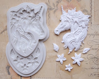 Silicone Mold Unicorn - Flowers and Leaves e.B. for decorating cakes or crafts with Polymer Clay